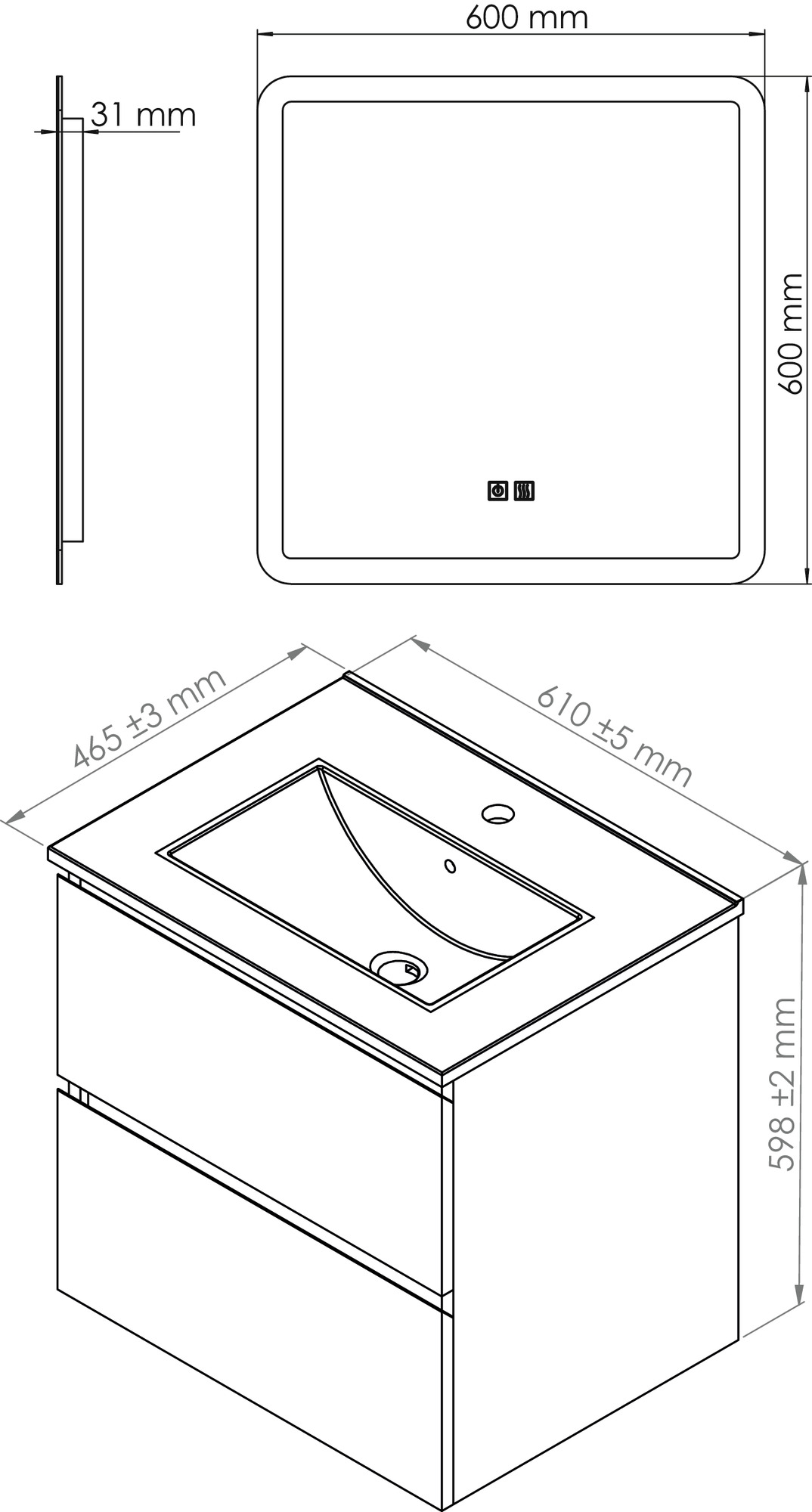 Meuble OSLO à suspendre 2 tiroirs 60cm bois avec miroir LED ATHENES ONDEE 402117517 - vue 4