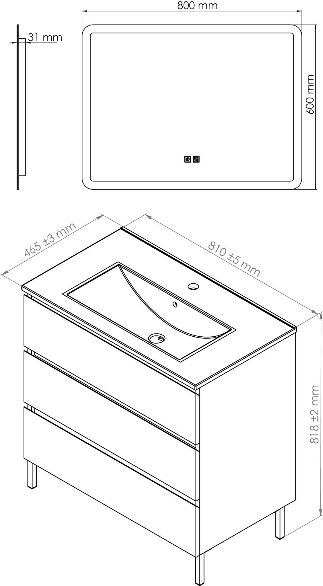 Meuble OSLO à suspendre 3 tiroirs 80cm bois avec miroir LED ATHENES ONDEE 402117529 - vue 4