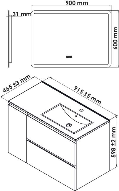 Meuble OSLO à suspendre 2 tiroirs & 1 porte 90cm blanc mat avec miroir LED ATHENES ONDEE 402117531 - vue 4