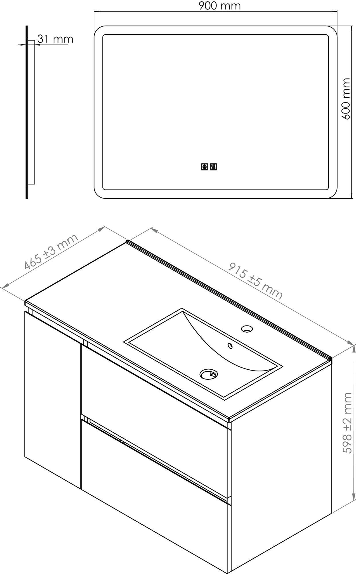Meuble OSLO à suspendre 2 tiroirs & 1 porte 90cm bois avec miroir LED ATHENES ONDEE 402117533 - vue 4