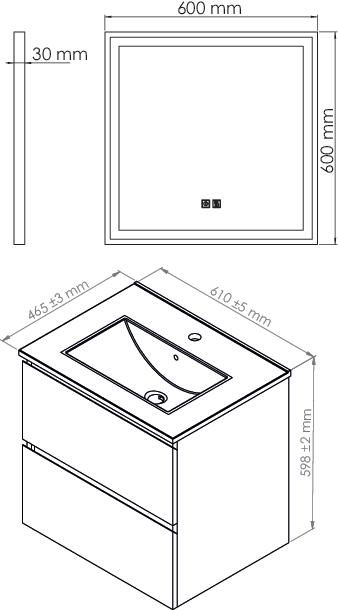 Meuble OSLO à suspendre 2 tiroirs 60cm bois avec miroir LED SEVILLE ONDEE 402117540 - vue 4