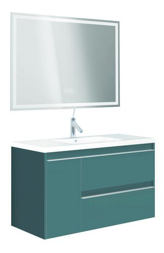 Meuble BOSTON à suspendre 80cm bleu paon avec miroir LED LAUSANE