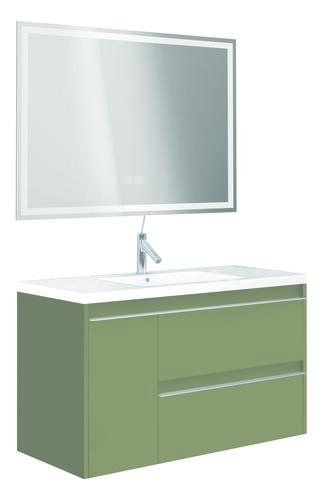 Meuble BOSTON à suspendre 80cm vert menthe avec miroir LED LAUSANE