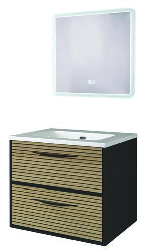 Meuble DUBAI à suspendre 60cm noir acacia avec miroir LED ATHENES