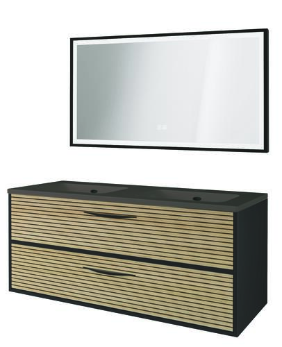 Meuble DUBAI à suspendre 120cm noir acacia avec miroir LED SEVILLE