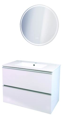 Meuble OSLO à suspendre 2 tiroirs 80cm blanc brillant avec miroir LED LOUXOR