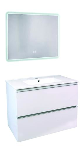 Meuble OSLO à suspendre 2 tiroirs 80cm blanc brillant avec miroir LED ATHENES