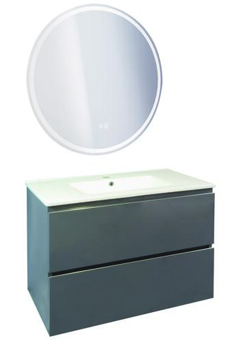 Meuble OSLO à suspendre 2 tiroirs 80cm gris avec miroir LED LOUXOR