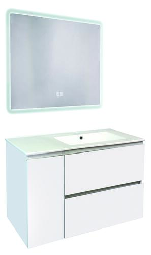 Meuble OSLO à suspendre 2 tiroirs & 1 porte 90cm blanc mat avec miroir LED ATHENES