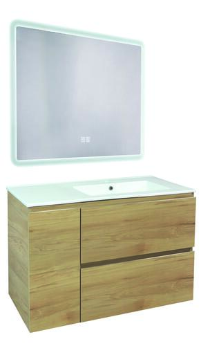 Meuble OSLO à suspendre 2 tiroirs & 1 porte 90cm bois avec miroir LED ATHENES