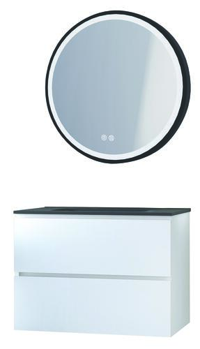 Meuble OSLO à suspendre 2 tiroirs 80cm blanc brillant avec miroir LED ALEXANDRIE