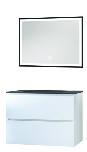 Meuble OSLO à suspendre 2 tiroirs 80cm blanc brillant avec miroir LED SEVILLE