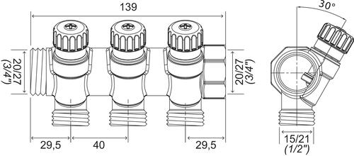 Collecteur avec vannes 3 départs EASY LOCK départ M15/21 arrivé 20/27