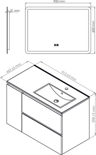 Meuble OSLO à suspendre 2 tiroirs & 1 porte 90cm bois avec miroir LED ATHENES